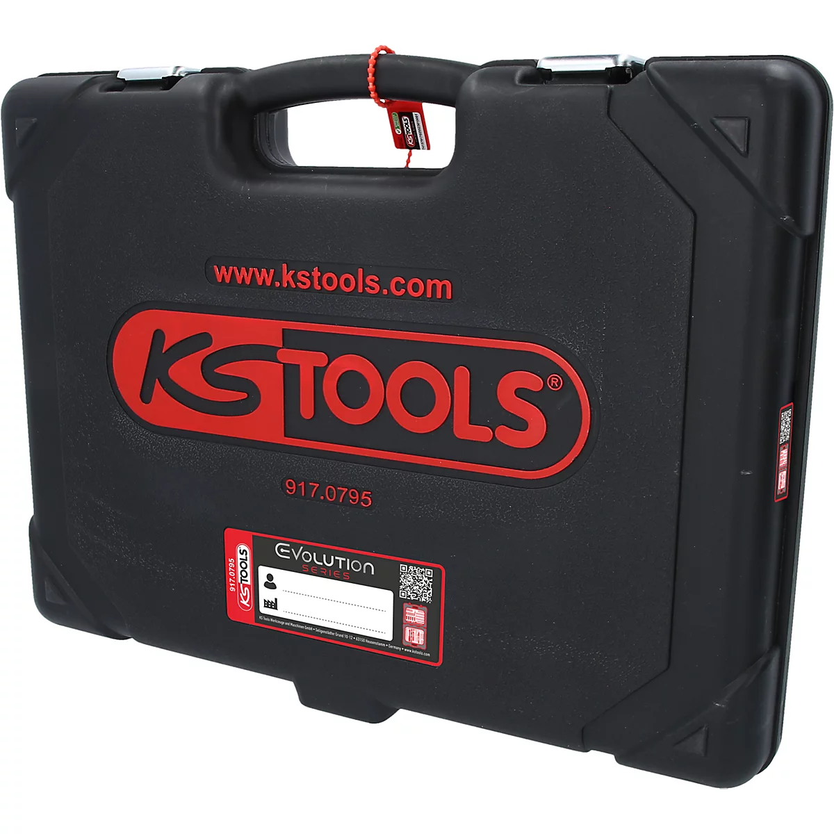 Boîte à outils noire avec logo KS TOOLS rouge et écriture. Poignée sur le dessus.